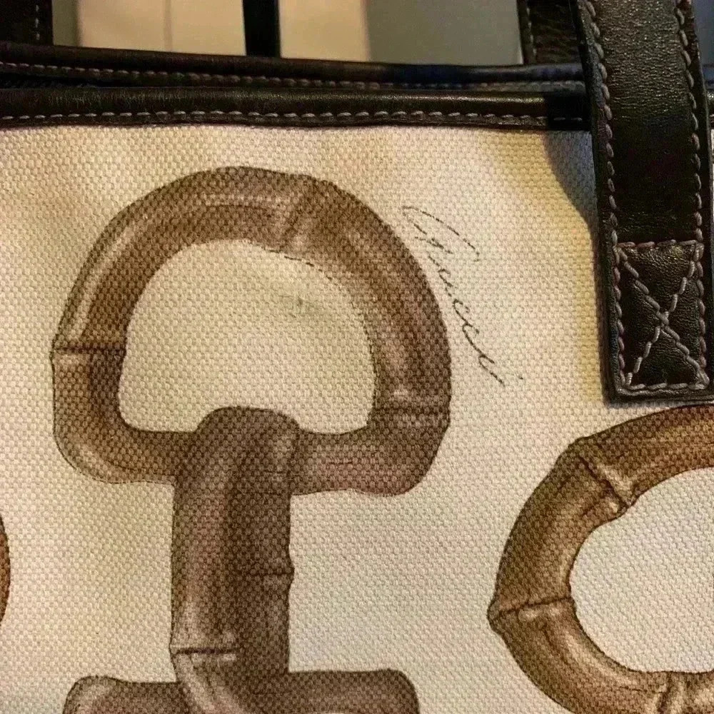 Gucci Vintage Tote Bag Canvas Leather Horsebit Logo  Pattern Beige and Brown. - Picture 9 of 15